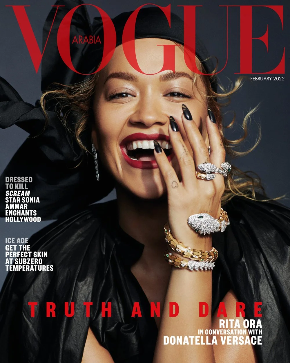 Rita Ora in Vogue Arabia February Donatella Versace Interview